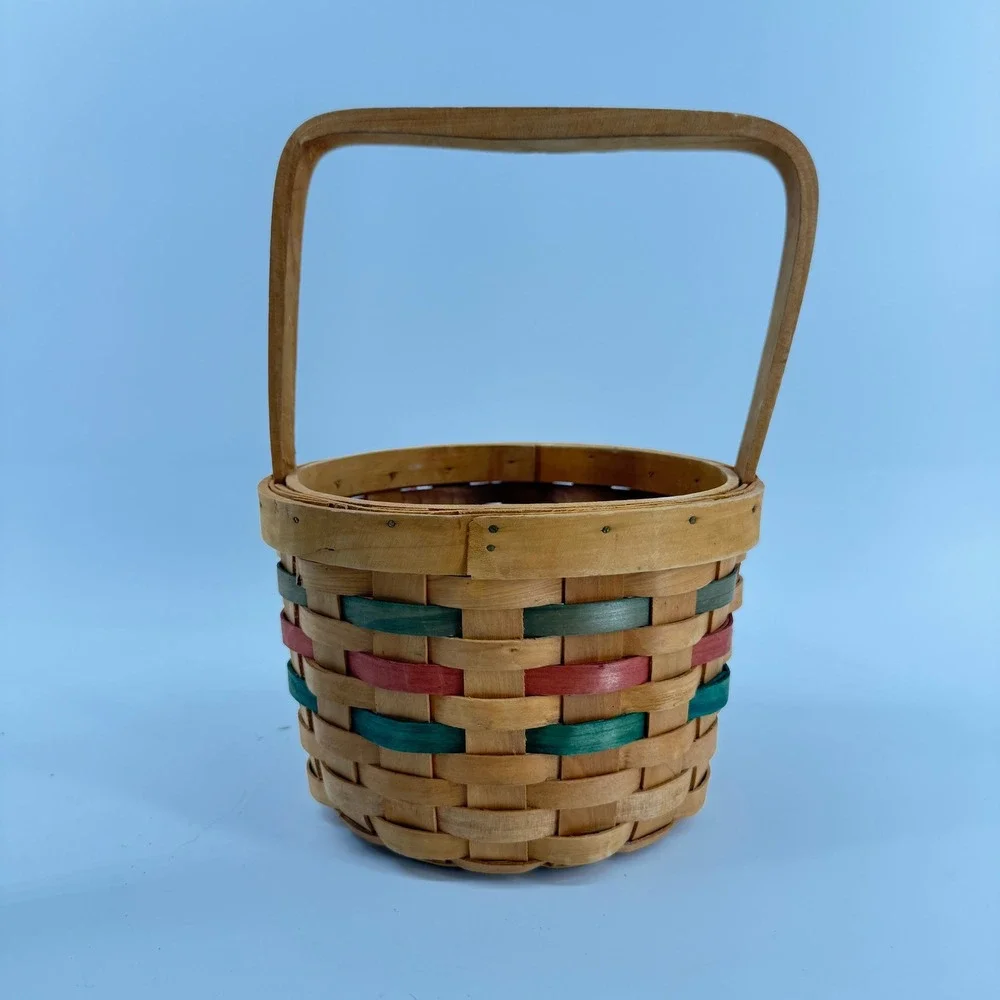 Vintage Woven Wood‎ Basket Small Tan Green Red Farmhouse Decor Handle Easter